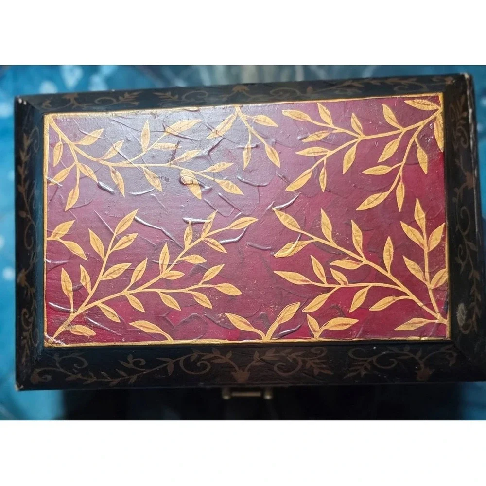 Vintage Hand-Painted Wooden Jewelry Box Floral Gold Red Black Antique Style